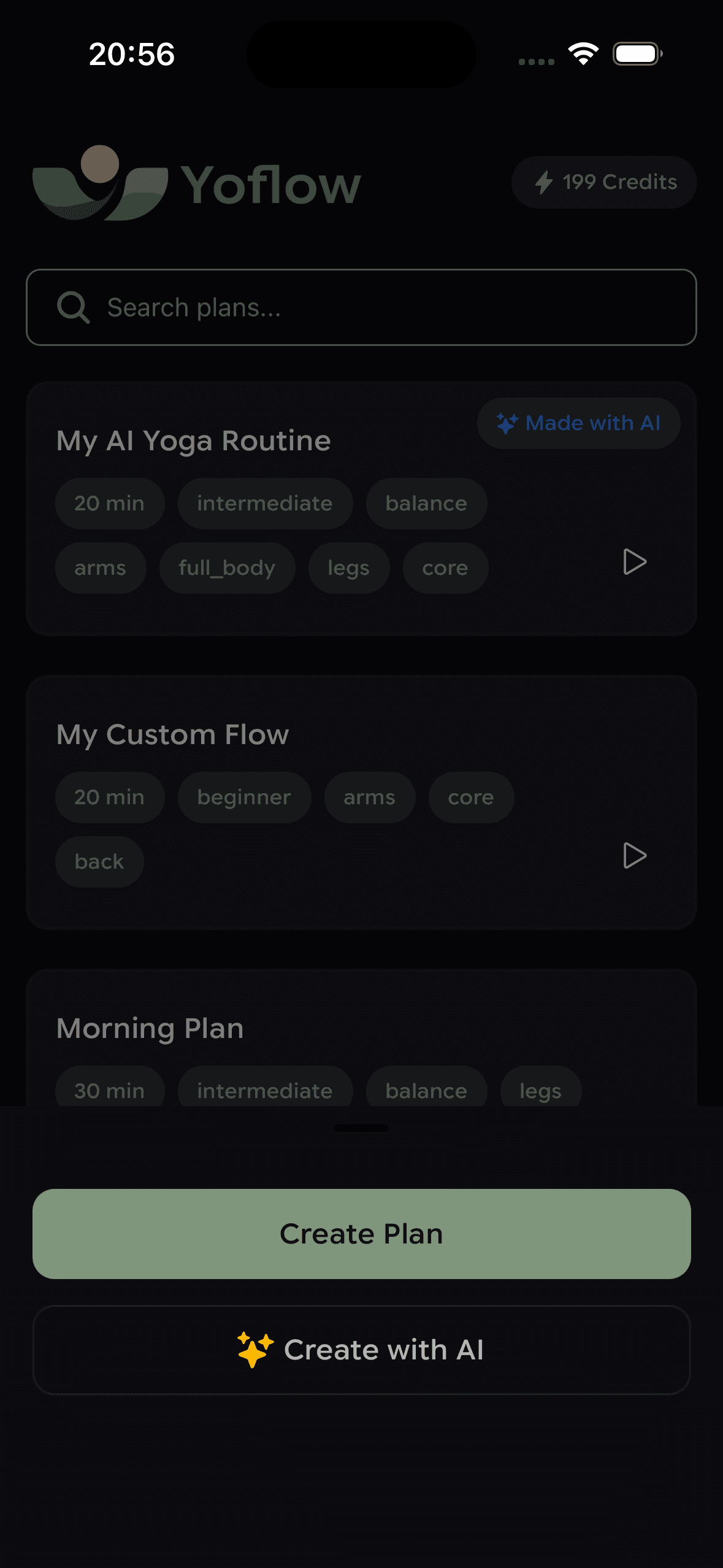Yoflow plans screen with generated yoga flows