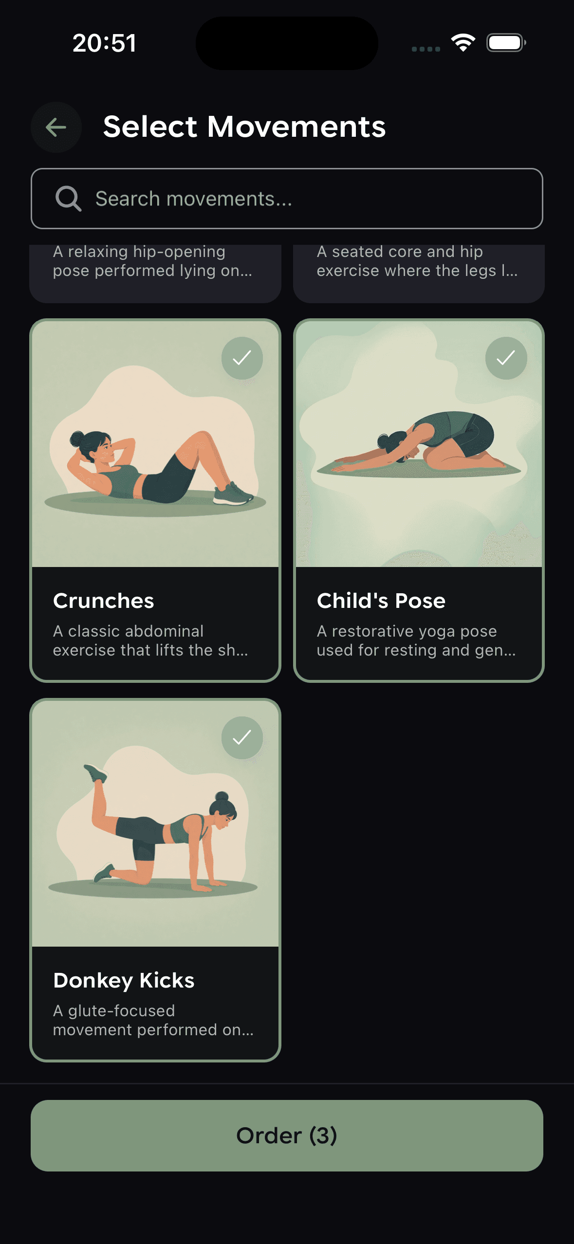 Yoflow movement selection screen